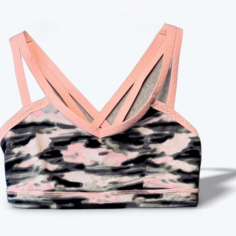 Lululemon Free To Be Wild Camo Sports Bra Pink Gray Strappy Back Size‎ 4